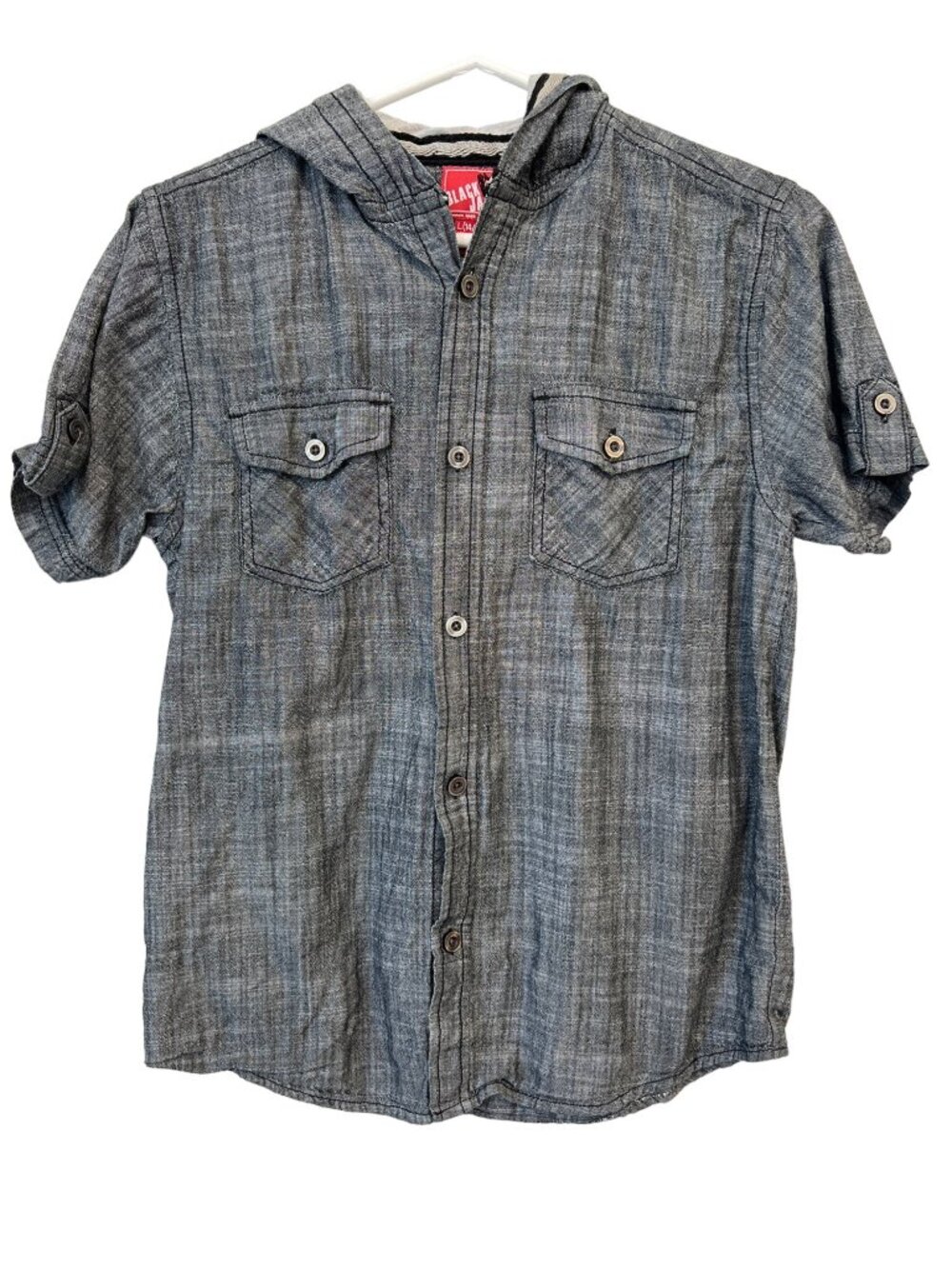 Black Jack Button Front Hooded Chambray Shirt Boys L Gray Cotton Preppy Academia